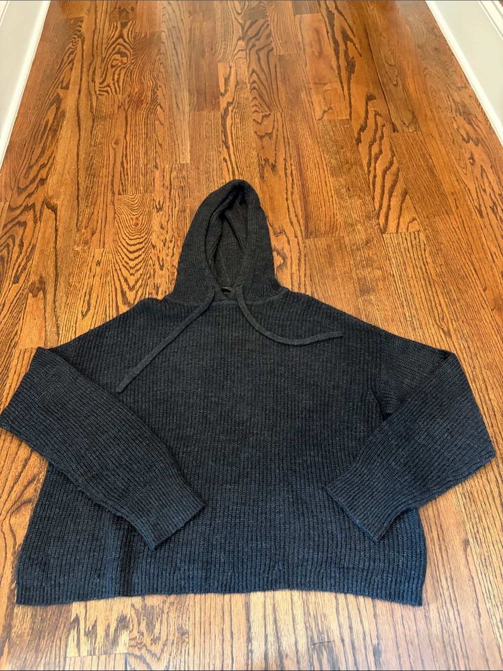 Jenni Kayne Charcoal Black Hooded Crewneck Sweater fisherman ribbed acrylic